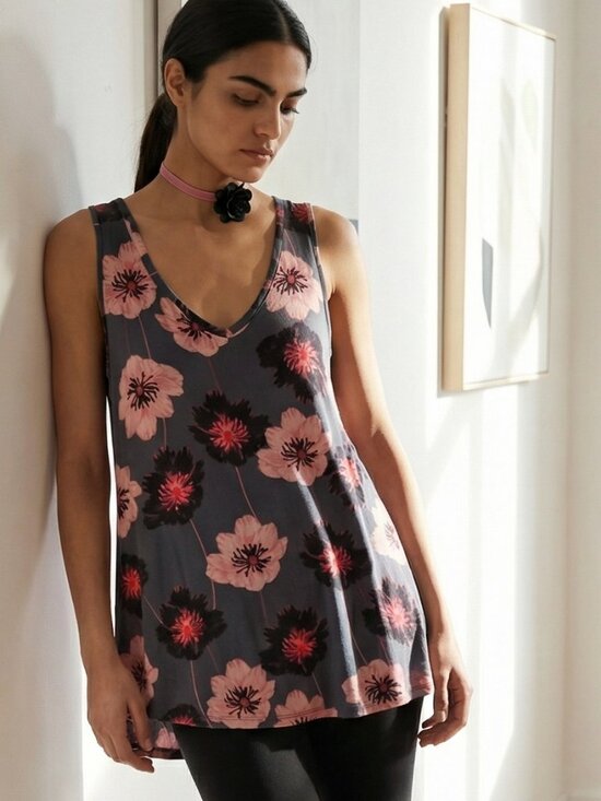 Maurices Tops - Maurices 24/7 Flowy Tank Top Sz XL Gray w/ Pink & Black Flowers